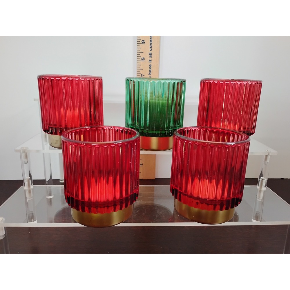 Set of 5 Ribbed Glass Tea Light Candle Holders Red Green Gold Base Holiday Decor